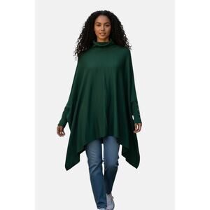Alfani Green Turtleneck Poncho Sweater L Button Cuff Handkerchief Hem
